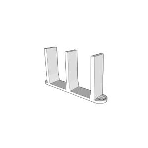 May include: A three-pronged, light gray plastic component with a flat base and three upright rectangular sections. One end features a small circular hole. The object is designed with a minimalist aesthetic.