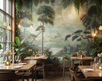 Może przedstawiać: Wnętrze restauracji z drewnianymi stołami i krzesłami, na tle dużego muralu przedstawiającego spokojny krajobraz z drzewami, górami i jeziorem. Pokój jest ozdobiony wiszącymi roślinami i miękkim oświetleniem.