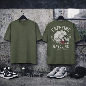 Camiseta de calavera con cafeína y gasolina / Camiseta retro de café con calavera de motocicleta