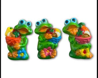 Set Of 3 Vintage Hand Painted Neon Frog Ceramic Hanging Decor  Figures