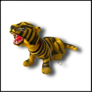 Vintage 1950s Flocked Felted Roaring Tiger Bobble Head Toy  with Chain