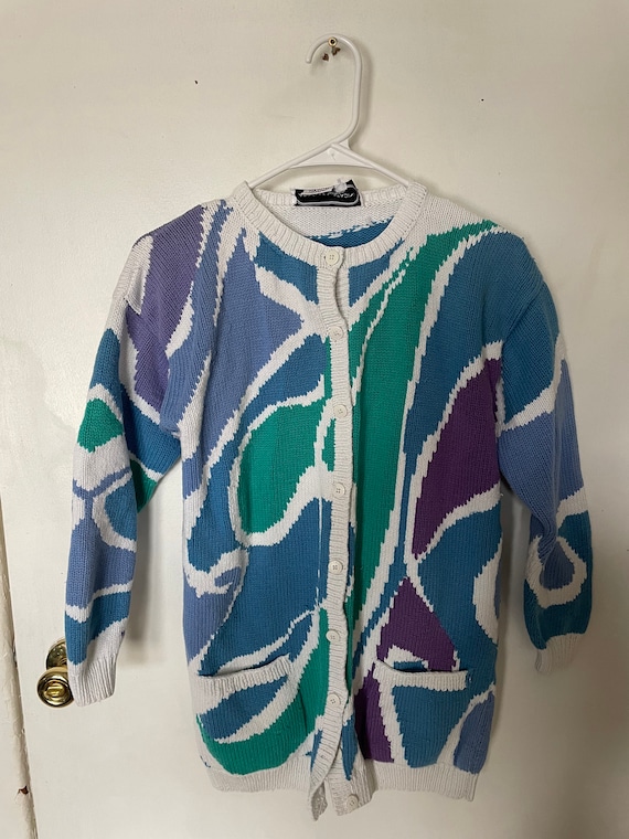 Vintage 1980s/ 1990s colorful cotton Cardigan / s… - image 2