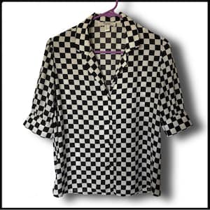 Vintage Black & White Checkered Women’s Button Up Blouse Size Small