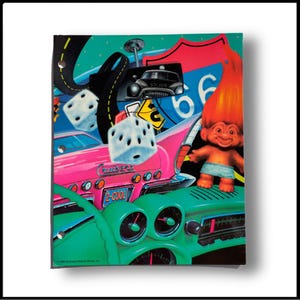 May include: A colorful binder featuring a retro design with a Route 66 theme. The artwork includes a pink car, dice, a troll doll, and a police car. The binder has a green dashboard and the text "Cruisers Z-COOL".