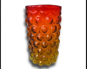 Vintage Blenko Tangerine Orange Amberina 10" Bubble Glass Oval Vase 1960s MCM