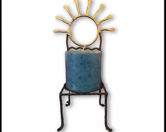 Vintage Celestial Sun Wrought Iron Whimsical Pillar Candle Holder / Gold & Black