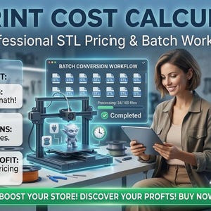 May include: An advertisement for a 3D Print Cost Calculator. The image features a woman holding a tablet, with a 3D printer and a 3D model in the background. Text includes "3D Print Cost Calculator" and "Boost Your Store!"