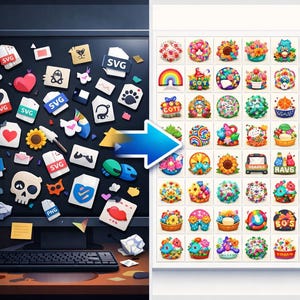 Puede incluir: Un monitor de computadora muestra una colección de archivos SVG y PNG, junto con otros iconos y gráficos. Un segundo panel muestra una cuadrícula de coloridos diseños florales. La imagen incluye un teclado, una taza de café y el texto "HAVS" y "HIRNG HODDE HOBITES".