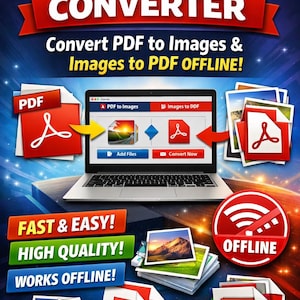 Op de afbeelding: Een promotionele afbeelding voor een PDF- en image converter. Het ontwerp toont een laptop met conversie-opties, met pictogrammen voor PDF- en afbeeldingsbestanden. Tekst benadrukt functies zoals offline functionaliteit en hoge kwaliteit.