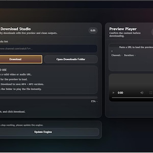 May include: Screenshot of the uniDownloader application interface. The interface is dark with a Media Download Studio section, a Preview Player, and a video player. The text includes instructions on how to download videos.