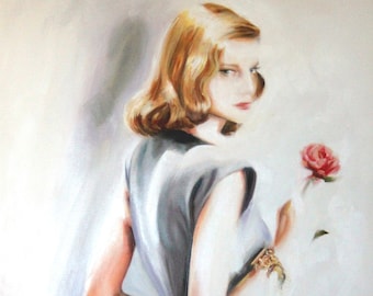 Original Oil Painting: Vintage fashion model in gray with red rose