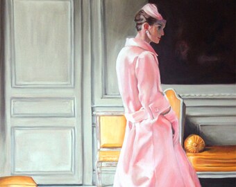 Original Oil Painting: Fashionable French woman in vintage Dior pink ensemble