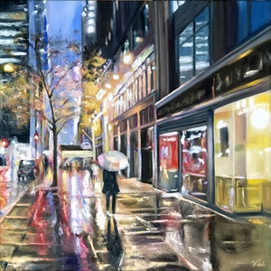 Original Oil Painting: Rainy Night Street Scene in the Big City