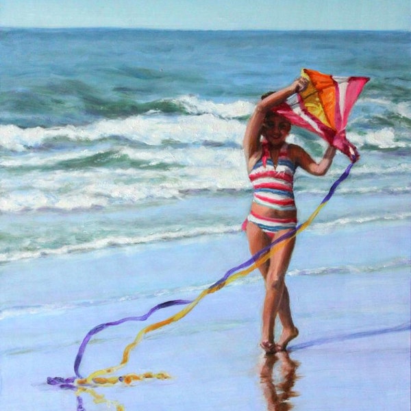 Original Oil Painting: young girl with kite at the beach "Kite Moves"