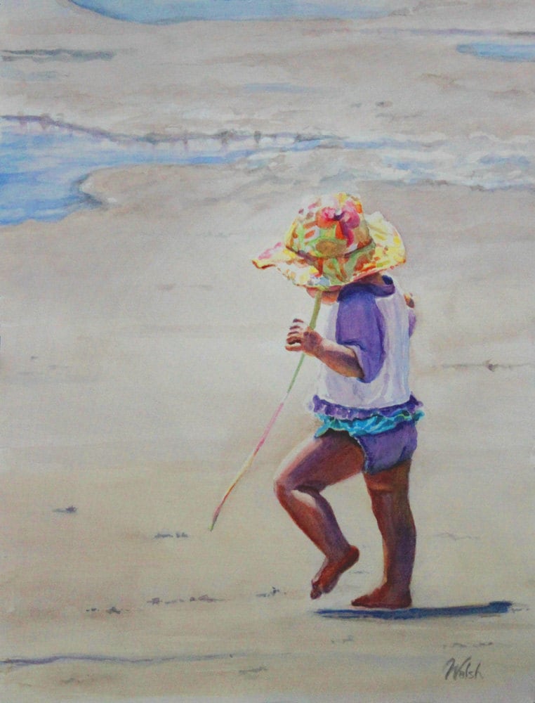 Original Watercolor Painting Toddler on the Beach in Her flowery Hat