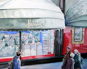 Original Watercolor Painting: London Street Scene "Harrod's Reflections of Switzerland"