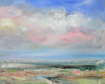 Original Oil Painting: Abstracted landscape of distant seaside vista