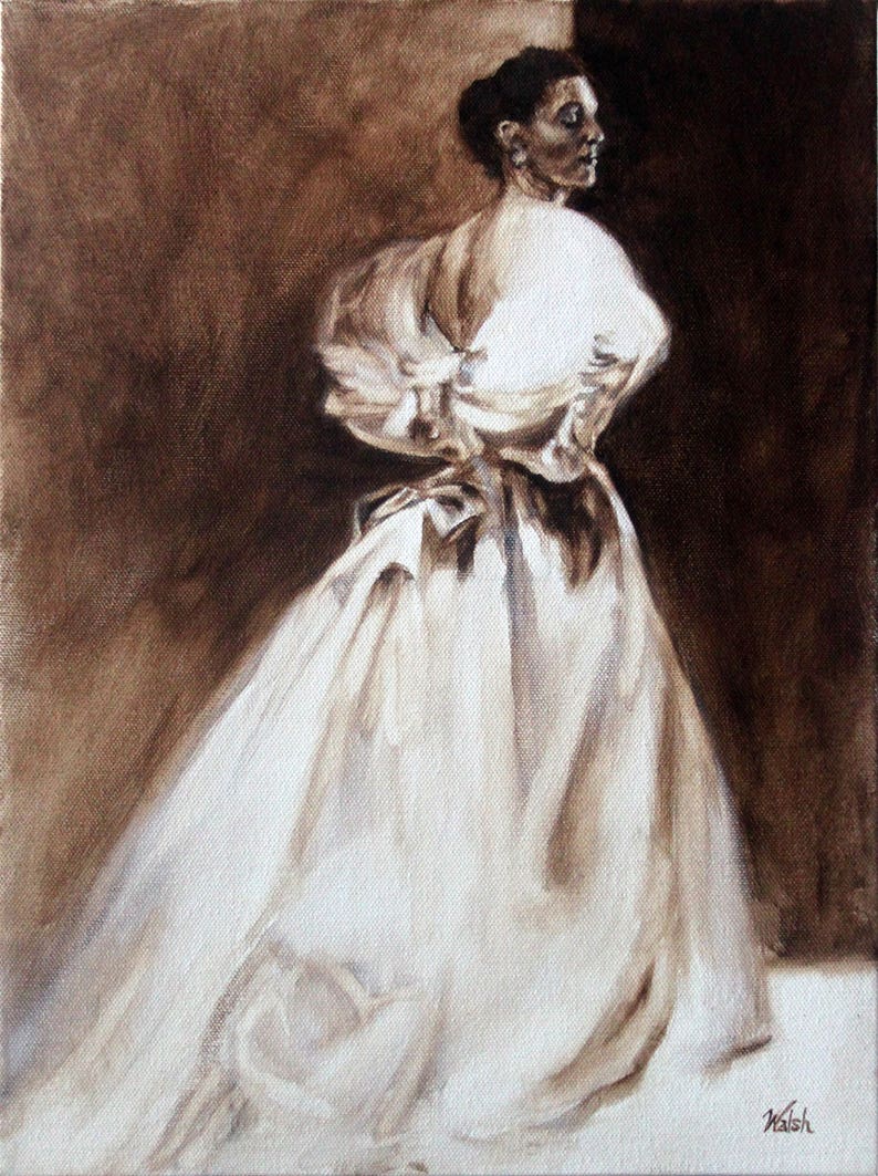 Original Oil Painting: Balenciaga Beauty, 1954 Sepia Series of Woman in Elegant Evening Gown image 1