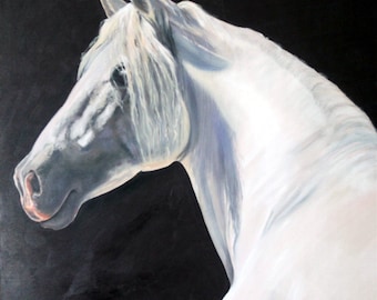 Original Oil Painting: White Horse on Black Background "Andalusian Majesty"