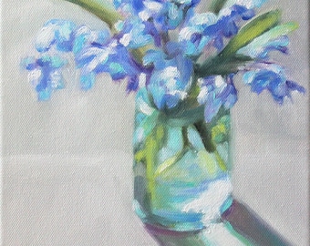 Original Oil Painting: Blue Flowers in Glass Jar Still Life