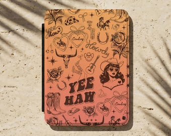Funda para Kindle con temática del Oeste / Cubierta con tatuaje de vaquera al atardecer, protector de libros retro Yee Haw