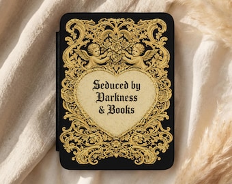 Luxury Gothic Kindle Case, Black & Gold Cherub Heart, Dark Romance Reader Cover