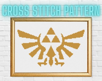 May include: A cross stitch pattern of the Triforce symbol from the Legend of Zelda video game series. The Triforce is a golden yellow color and is surrounded by a white background.