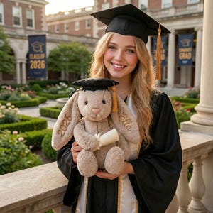 May include: A young graduate in a black cap and gown holds a plush bunny wearing a miniature graduation cap. The bunny is beige with the year "2026" embroidered on one ear and the name "Ella" on the other. The graduate smiles in front of a university building.