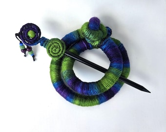 Textile Hair Barrette with Ornate Stick, Green Ponytail Holder