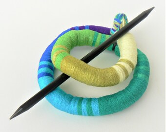 Ethnic Bun Cage: Blue Green Textile Hair Barrette