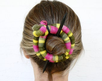 Stick slide fork, Bright shawl brooch, Ponytail holder, Geometric hair clip, Bold bun hair clamp, Statement barrette thick hair green pink