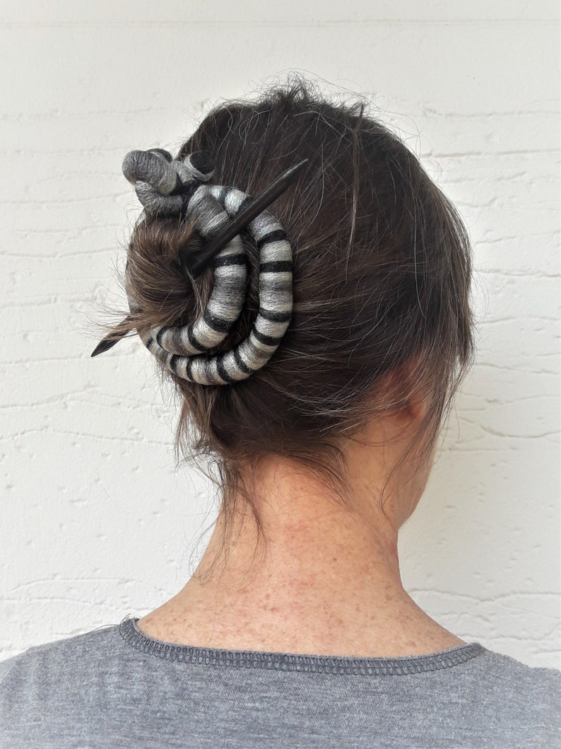 Round bun holder, Black and gray hair barrette, Stick slide fork, Flexible hair clip, Statement shawl brooch, Bold ponytail clamp image 2