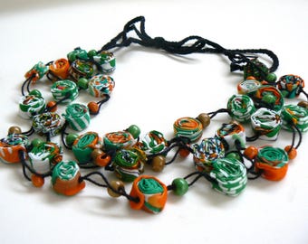 Boho Chic Textile Necklace, Rolled Cotton & Wood Beads