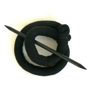 Statement hair barrette with ornate stick, Large round fascinator, Black Ponytail holder, Textile shawl brooch, Bold bun hair fork image 10