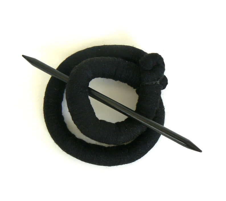 Statement hair barrette with ornate stick, Large round fascinator, Black Ponytail holder, Textile shawl brooch, Bold bun hair fork image 10