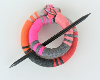 Handmade Tribal Hair Barrette: Pink & Gray Bun Fork