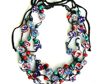 Boho Chic Textile Statement Necklace: Voluminous Cotton & Wood Bead Jewelry