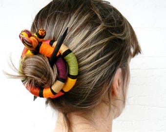 Ethnic Bun Holder: Orange Olive Green Textile Hair Slide