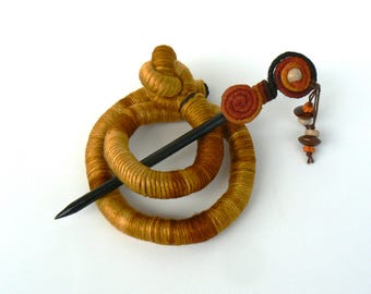 Large Hair Barrette with Ornate Stick, Ochre Textile Fascinator
