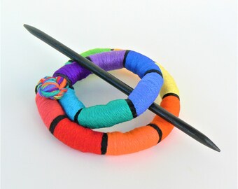 Rainbow Textile Hair Barrette: Bun Holder, Shawl Brooch