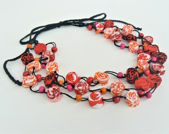 Boho Chic Textile Necklace: Long Cotton Fabric & Wood Bead Jewelry