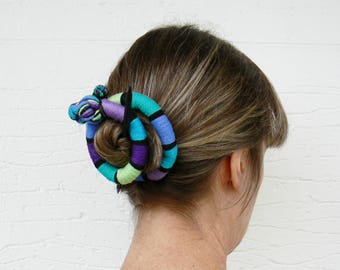 Round Hair slider, Long hair barrette, Scarf pin brooch, Flexible purple bun wrap, Quirky fascinator, Textile stick clip, green, turquoise