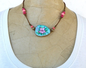 Indie Style choker, Floral short necklace, Delicate wood pendant, Hand painted jewelry, Handmade Spring jewelry