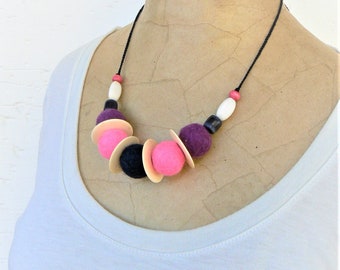 Felt ball necklace,  Chunky textured Jewelry, Bold felted beads bib, Boho chic short necklace, Bright soft necklace