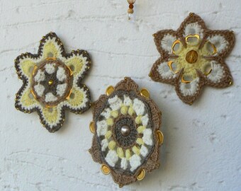 Starburst wall hanging, Snowflake Granny mobile, Floral crochet doilies, Dreamcatcher mandala, cottage boho chic home