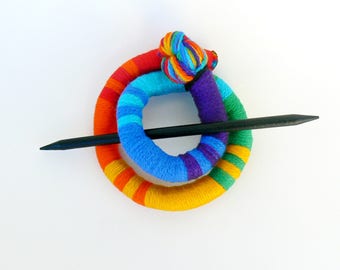 Ethnic bun holder, Stick Slide Fascinator, Rainbow jewelry, Shawl brooch, Large hair barrette, Colorful Thick hair clip, Ponytail holder