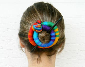 Ethnic bun holder, Stick Slide Fascinator, Rainbow jewelry, Shawl brooch, Large hair barrette, Colorful Thick hair clip, Ponytail holder