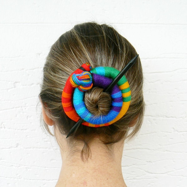 Ethnic bun holder, Stick Slide Fascinator, Rainbow jewelry, Shawl brooch, Large hair barrette, Colorful Thick hair clip, Ponytail holder