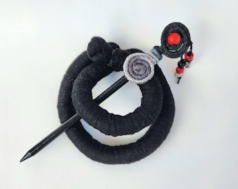 Black Textile Hair Barrette with Ornate Stick: Bun Cage Fascinator