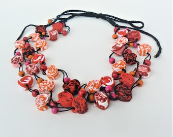 Red Textile Necklace: Long Boho Chic Cotton Fabric Jewelry